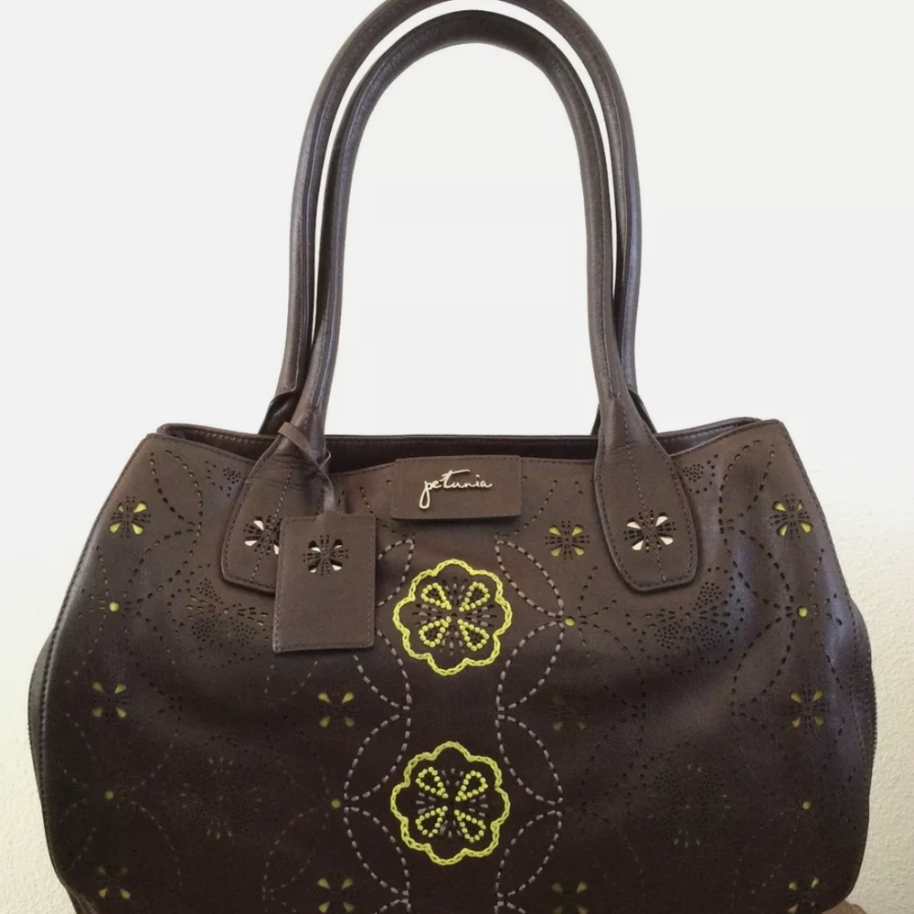 Petunia Pickle Bottom Brown and Yellow Shoulder Bag with Gold Accents